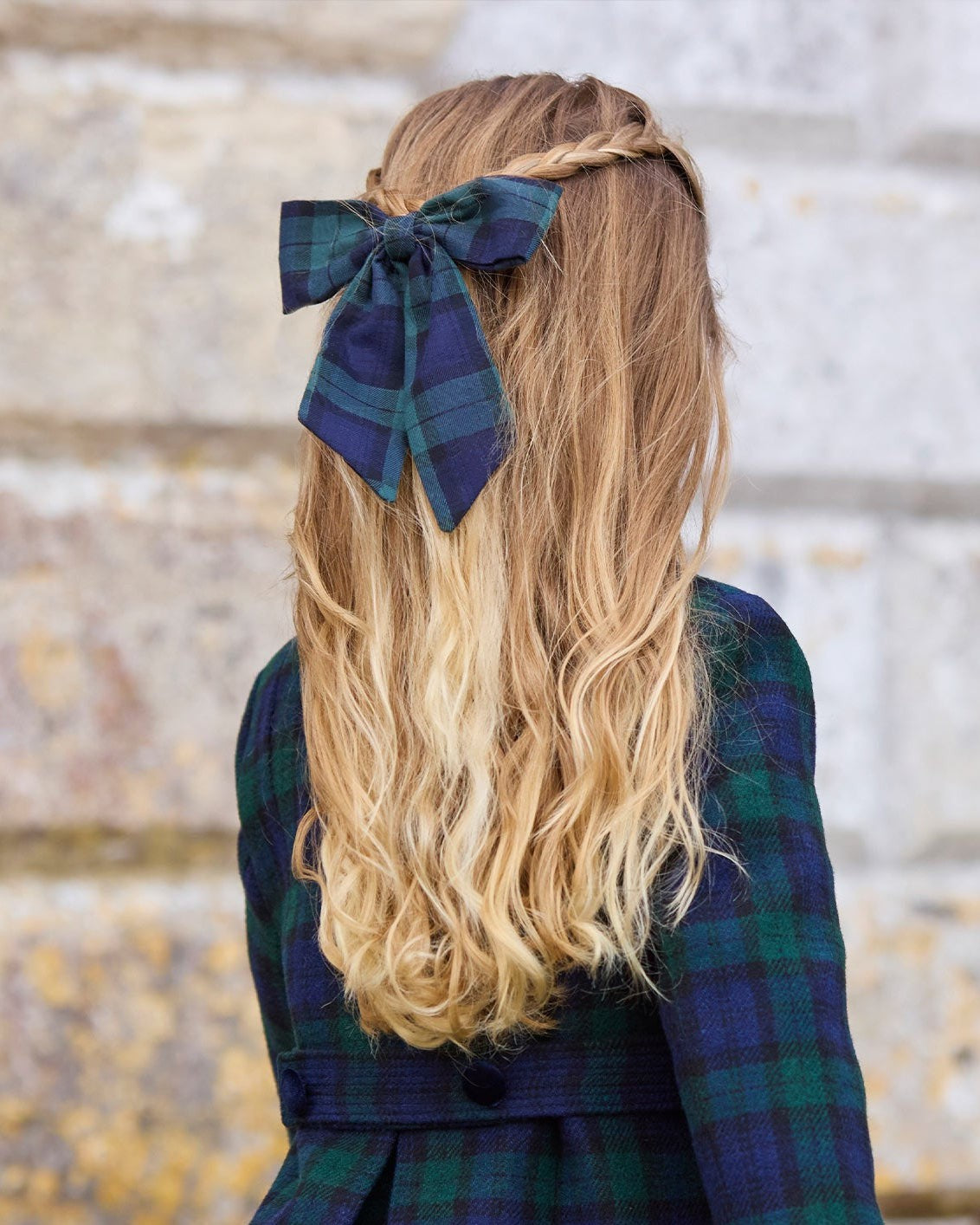 Long Bow Hair Clip in Navy/Green Tartan