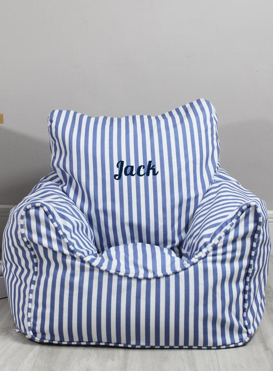 Personalised Children's Bean Bag Chair in Blue Stripe